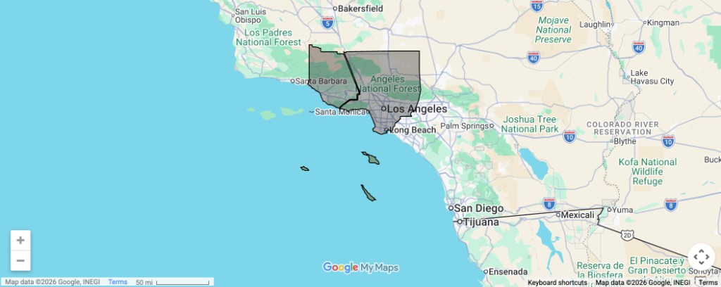 Service area map: Ventura and Los Angeles Counties and surrounding region in Southern California